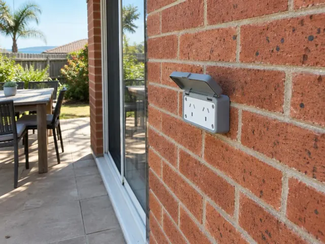 Outdoor double power point on a brick wall beside a sliding glass door in a patio area in Wamberal