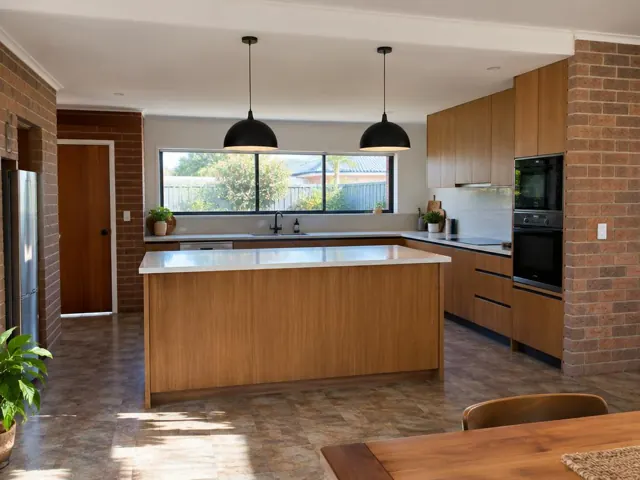 Modern kitchen with two black pendant lights over a timber island in Wamberal