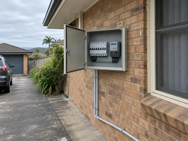 Open exterior switchboard cabinet on a brick house wall beside a window in Bateau Bay